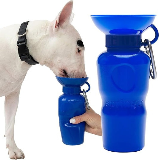 Springer Dog Water Bottle | Portable Travel Water Bottle Dispenser for Dogs - As Seen on Shark Tank | Patented, Leak-Proof Bottles Fill Bowl with Water - Ideal for Walking | BPA-Free 22oz Indigo