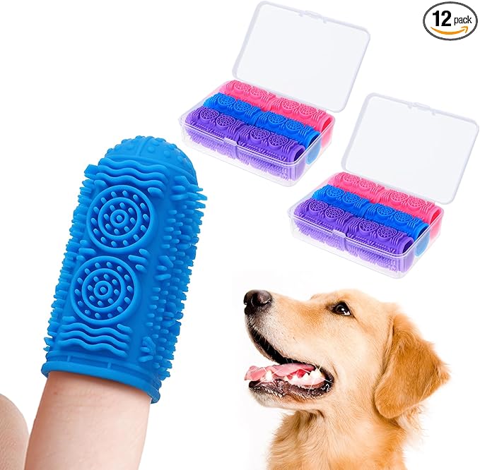 MEWTOGO Dog Toothbrush - Finger Toothbrush for Medium Large Dogs, 360° Food Grade Silicone Dog Tooth Brushing Kit with Storage Box for Dog Teeth Cleaning Dental Care, 12 Pcs