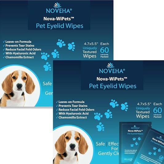 NOVEHA Nove-WiPets Ocular Hygiene Wipes for Dogs & Cats (120 Wipes), Prevents Tear Stains, Cleanses Facial Folds, Superficial Cuts & Acne