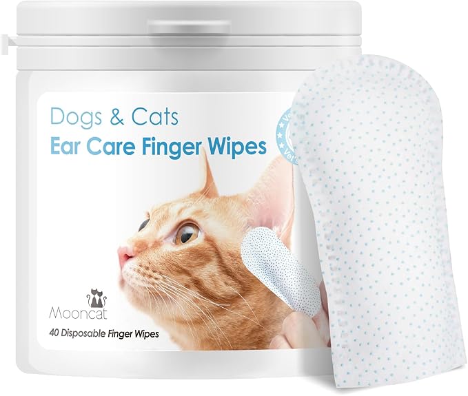 Mooncat Ear Cleaner Wipes｜Ear Cleansing Finger Wipes for Cats ｜Ear Wipes for Cats｜Dog Grooming Supplies｜Reduces Dirt and Cleans Wax Buildup｜Pet Ear Wash Wipes｜— 40 Finger Wipes