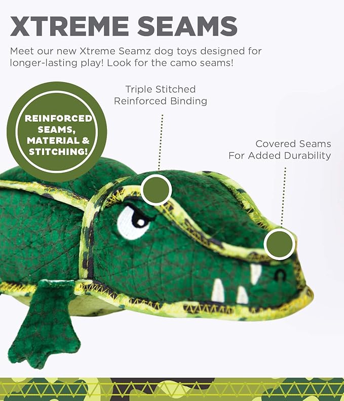 Outward Hound Xtreme Seamz Alligator Squeaky Dog Toy - Reinforced Dense Stuffing Plush Toy