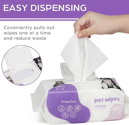 PrimePets Dog Wipes for Paws and Butt, 100 Count, Pet Wipes for Dogs Cats Cleaning Deodorizing, Lavender Scented, Extra Thick Puppy Wipes for Sensitive Skin, Grooming for Bums, Face and Body
