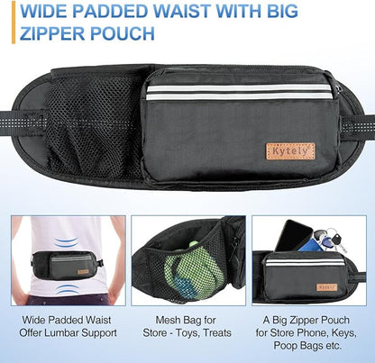 Kytely Hands Free Dog Leash with Zipper Pouch for 2 Dogs, Wide Padded Waist Dog Running Leash, Waist Leash for Dog Walking Dual Padded Handles, Retractable Bungee for Walking Jogging Training Hiking