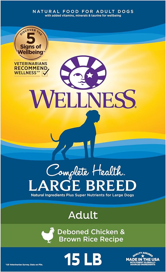 Wellness Complete Health Large Breed Dry Dog Food with Grains, Natural Ingredients, Made in USA with Real Meat (Adult, Chicken & Rice, 15-Pound Bag)