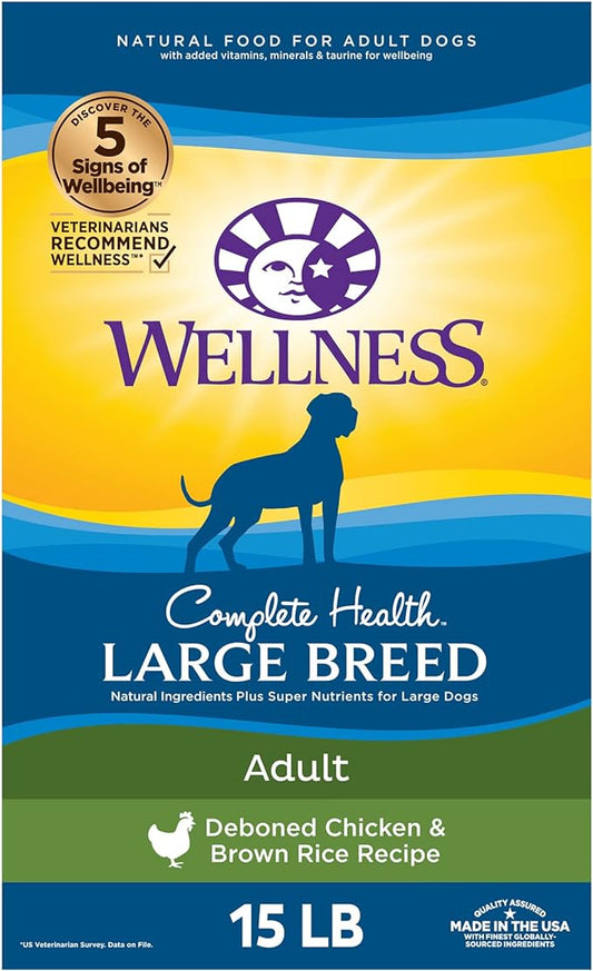 Wellness Complete Health Large Breed Dry Dog Food with Grains, Natural Ingredients, Made in USA with Real Meat (Adult, Chicken & Rice, 15-Pound Bag)
