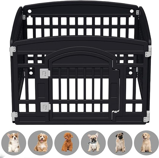 Pet Playpen with Mesh Fabric Top Cover Foldable Gate for Dogs Heavy Plastic Puppy Exercise Pen Small Pets Fence Puppies Folding Cage 4 Panels for Puppies and Small Dogs House Black (33.5x33.5 Inches)