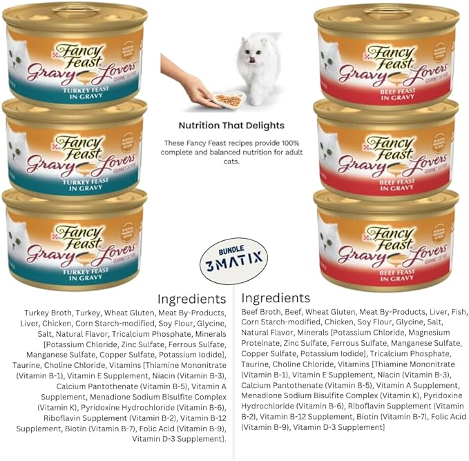 Fancy Feast Wet Cat Food Gravy, Grain Free Chicken Hearts & livers, Turkey, Beef and Seafood Variety Bundle (Pack of 18) 3oz. Cans & 1 Exclusive kit (1x can Sealer, 1x can Opener, 1x Mouse Toy)