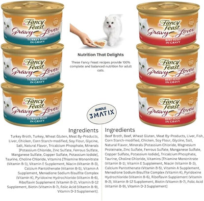 Fancy Feast Wet Cat Food Gravy, Grain Free Chicken Hearts & livers, Turkey, Beef and Seafood Variety Bundle (Pack of 18) 3oz. Cans & 1 Exclusive kit (1x can Sealer, 1x can Opener, 1x Mouse Toy)