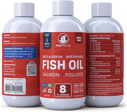 Fish Oil for Dogs - Healthy Skin & Coat, Salmon, Pollock, All Natural Supplement for Pets, Itching Scratching Allergy & Inflammation Defense, Omega 3 EPA DHA, Brain & Heart Health, 8 oz