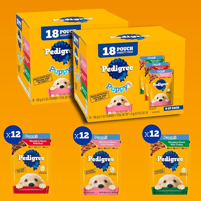 Pedigree Puppy Soft Wet Dog Food 18-Count Variety Pack, 3.5 oz Pouches (Pack of 2)
