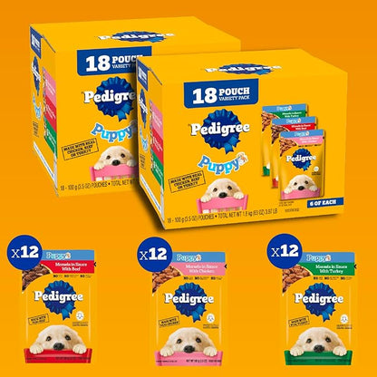 Pedigree Puppy Soft Wet Dog Food 18-Count Variety Pack, 3.5 oz Pouches (Pack of 2)