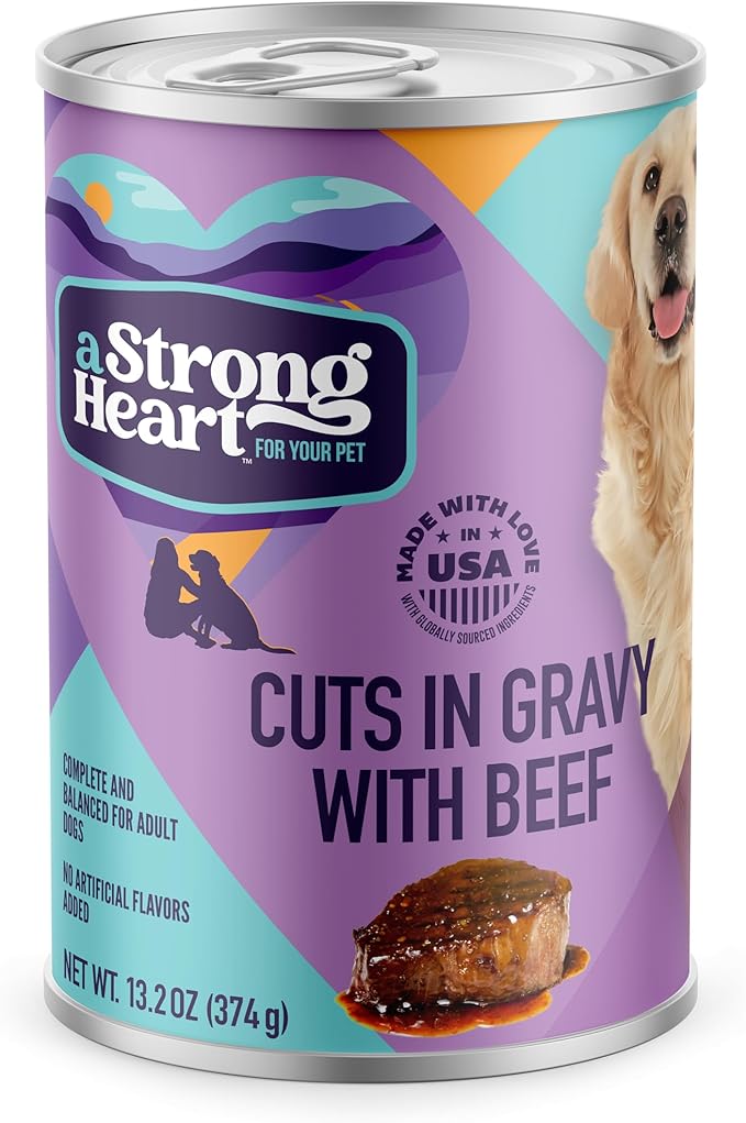 A Strong Heart Wet Dog Food, Cuts in Gravy with Beef - 13.2 oz Cans (Pack of 12), Made in The USA with Real Beef