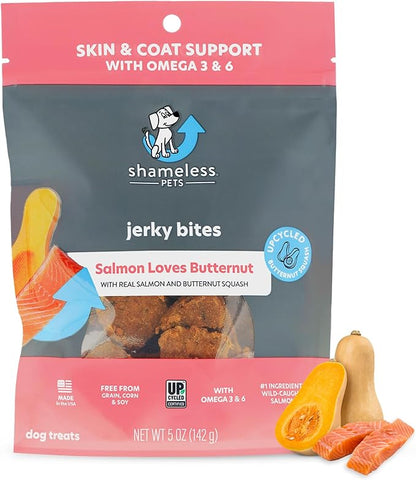 Shameless Pets Jerky Dog Treats, Salmon Loves Butternut - Healthy Dog Chews for Dogs Skin & Coat with Omega 3 & 6 - Dog Treats with Real Wild-Caught Salmon - Free from Grain, Corn & Soy - 1-Pack