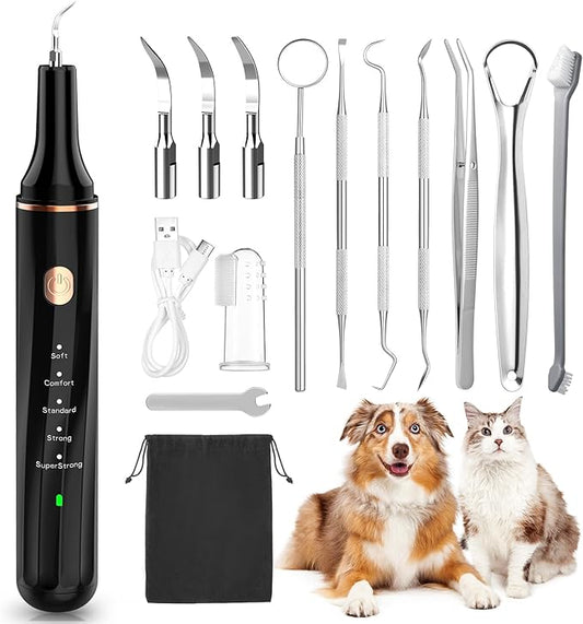Pet Plaque Remover for Teeth with LED Light - 12 Pack Dog Tooth Brushing Kit, USB Charge Dog Teeth Cleaning Tools 5 Cleaning Mode with Dental Tools Scaler Scraper, Finger Toothbrush