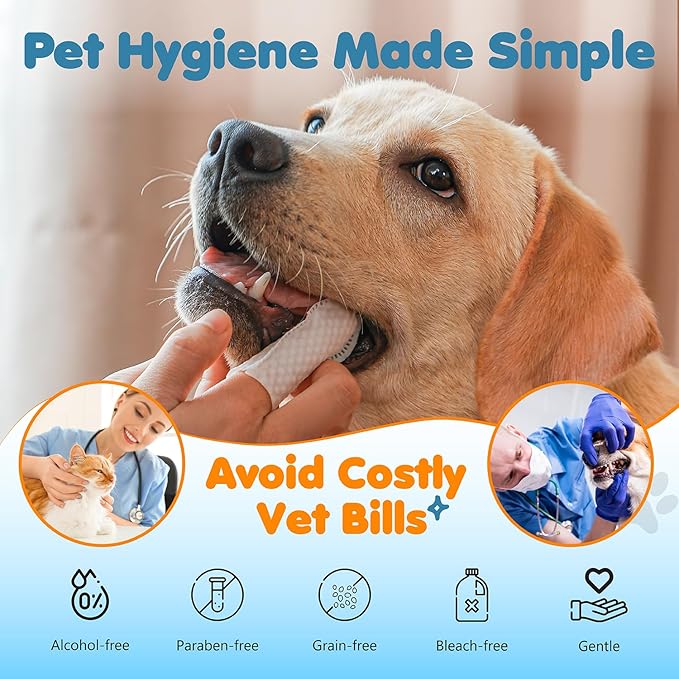 3-in-1 Pet Finger Wet Wipes for Dogs & Cats, Soft Disposable Finger Towels for Eye, Ear, & Dental Care, Freshen Breath with Deep Teeth Cleaning Support, Pack of 70