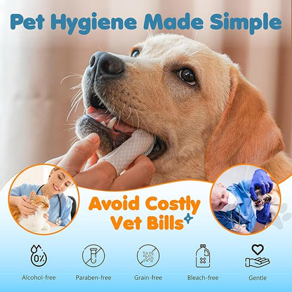 3-in-1 Pet Finger Wet Wipes for Dogs & Cats, Soft Disposable Finger Towels for Eye, Ear, & Dental Care, Freshen Breath with Deep Teeth Cleaning Support, Pack of 70