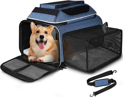 Top and Side Expandable Pet Carrier 17x13x9.5 Inches Southwest Airline Approved, Soft-Sided Carrier for Small Cats and Dogs with Locking Safety Zippers and Anti-Scratch Mesh(Blue)
