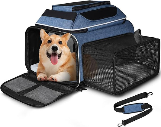 Top and Side Expandable Pet Carrier 17x13x9.5 Inches Southwest Airline Approved, Soft-Sided Carrier for Small Cats and Dogs with Locking Safety Zippers and Anti-Scratch Mesh(Blue)