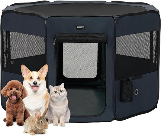 PETSFIT Dog Playpen, 45.5" Sturdy Pop Up Dog Kennel Foldable Dog Pen Indoor Outdoor Puppy Playpen for Medium Dogs Cats with Traveling Bag Zipper Sealed Removable Mesh Top Leakproof Bottom Mat Blue L
