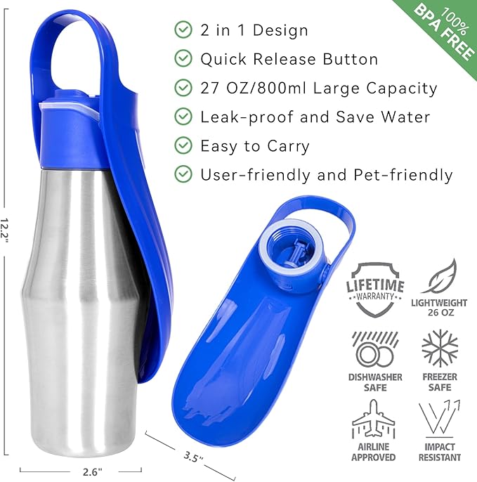 Dog Water Bottle, Portable Dog Water Bottle Dispenser - 27 OZ Stainless Steel Leak-Proof Water Bottle for Dogs On The Go, Perfect for Travel, Walking, Hiking and Outdoor Activities (2-Pack Blue)