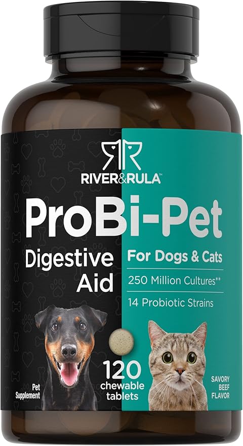 Horbäach Probiotics for Dogs & Cats | 120 Chewable Tablets | Digestive Aid | with 14 Probiotic Strains | Savory Beef Flavored Pet Supplement | by River & Rula