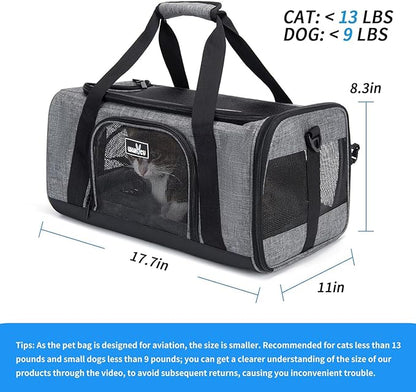 TSA Approved Pet Carrier for Small Cats Dogs, Travel Bag with Adequate Ventilation, 5 Mesh Windows, 3 Entrance, Locking Safety Zippers, Padded Shoulder and Carrying Strap, Small