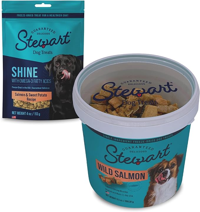 Stewart Freeze Dried Salmon Variety Dog Treats, Limited Ingredient, Grain Free & Gluten Free, Dog Training Treats; 9.5 oz Wild Salmon Resealable Tub & 4 oz Shine Salmon & Sweet Potato Resealable Pouch
