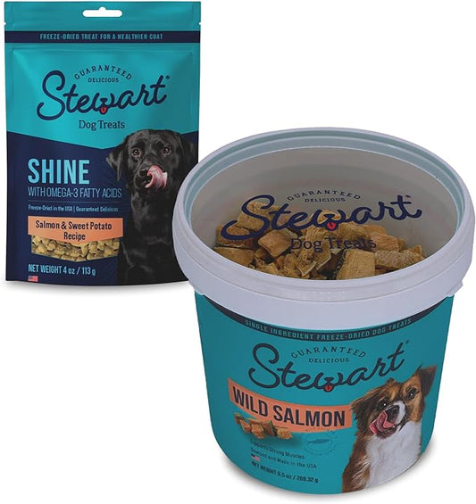 Stewart Freeze Dried Salmon Variety Dog Treats, Limited Ingredient, Grain Free & Gluten Free, Dog Training Treats; 9.5 oz Wild Salmon Resealable Tub & 4 oz Shine Salmon & Sweet Potato Resealable Pouch