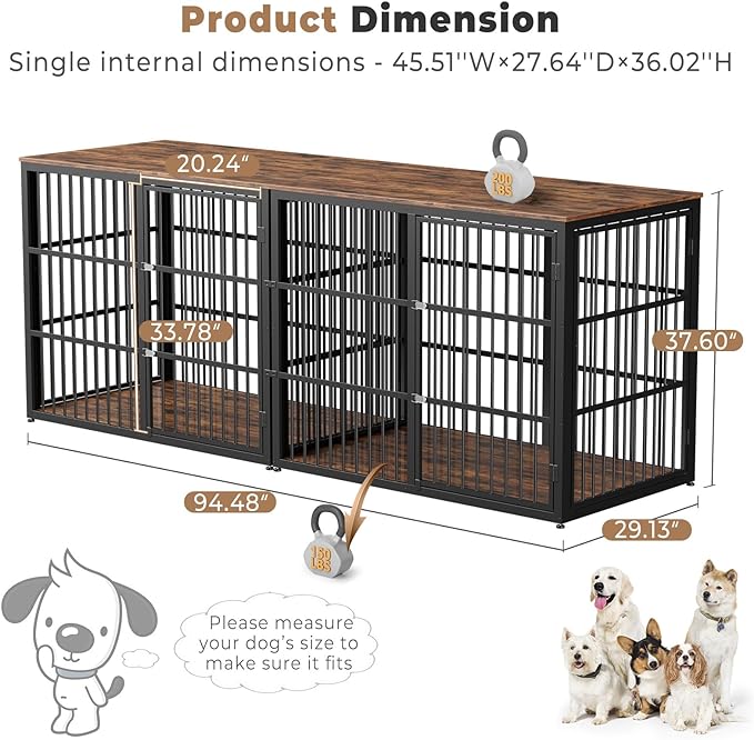 94.48'' Dog Crate Furniture Large Breed TV Stand with Double Rooms,Wooden Dog Kennel Dog Crate End Table with Removable Divider for Large Medium Dogs, Can Use Separately
