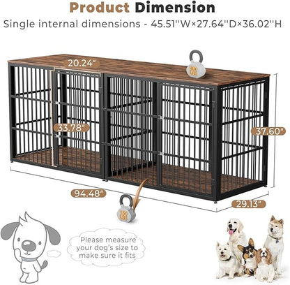 94.48'' Dog Crate Furniture Large Breed TV Stand with Double Rooms,Wooden Dog Kennel Dog Crate End Table with Removable Divider for Large Medium Dogs, Can Use Separately