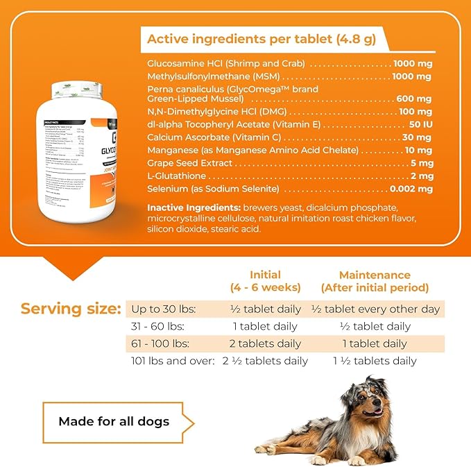 VetriScience Glycoflex 3 Clinically Proven Hip and Joint Supplement for Dogs - Maximum Strength Dog Supplement with Glucosamine, MSM, Green Lipped Mussel & DMG - 120 Chewable Tablets, Chicken Flavor