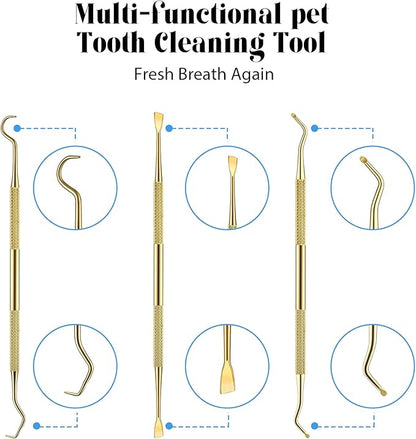 Hotop 3 Pieces Dog Dental Tooth Scaler and Scraper Stainless Double Headed Tarter Remover Scraper Pet Teeth Cleaning Tools for Dog and Cat (Gold)