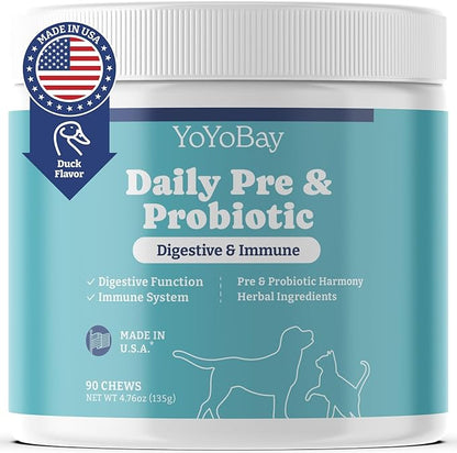 Probiotics for Dogs, Daily Dog Probiotics and Prebiotic with Natural Ingredients, for Gut Health and Digestive Health, Support Immune System, Maintain Skin & Coat Health, Duck Flavor, 90 Soft Chews