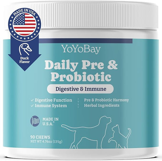 Probiotics for Dogs, Daily Dog Probiotics and Prebiotic with Natural Ingredients, for Gut Health and Digestive Health, Support Immune System, Maintain Skin & Coat Health, Duck Flavor, 90 Soft Chews