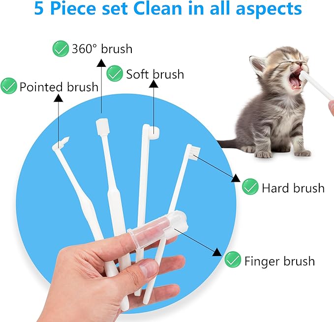 5-in-1 Cat Toothbrush Kit, Dog Toothbrush Kit,5 in 1 Multi-function（Soft brush, hard brush, 360° brush, pointed brush, finger brush）Pet Toothbrush，Dental care and cleaning for dogs and cats