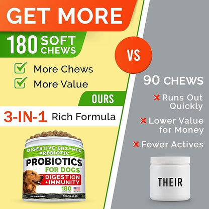 StrellaLab Dog Probiotics Treats for Picky Eaters (180ct) - Digestive Enzymes + Prebiotics - Chewable Fiber Supplement - Allergy, Diarrhea, Gas, Constipation, Upset Stomach Relief - Digestion&Immunity