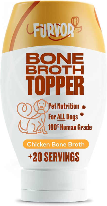 Furvor Chicken Bone Broth for Dogs - Collagen Protein Supplement for Digestion, Mobility, Coat, Immunity, Healthy Dog Food Topper, Meal Boost Gravy, Grain Free, Just Add Water, Made in USA, 12 oz