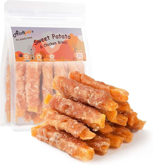 ASMPET Sweet Potato Dog Treats Chicken Wrapped Fries, Dog Chews Twists Skinless Sweet Potato Strips & Chicken Bites Training Snacks Grain Free Dog Treat for Small Medium Large Dogs 10.6oz