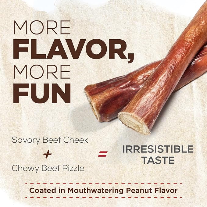 Natural Farm Power Bully Sticks Peanut Flavor Dog Chews (6”, 5-Pack), 2-in-1 Power Chews: Premium Beef Cheek Wrapped in Beef Pizzle with Enticing Peanut Butter Flavor, Double Chewing Time