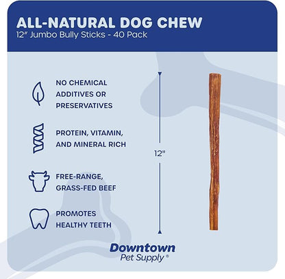 Downtown Pet Supply Bully Sticks for Dogs (12", 40-pack, Jumbo) Non-GMO, Grain Free, Rawhide Free Dog Chews Long Lasting Pizzle Sticks - Low Odor Bully Sticks for Large Dogs