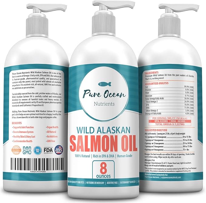 Wild Alaskan Salmon Oil for Dogs and Cats 8 Ounce; Natural Supplement with Omega 3's to Support Joint, Heart, and Immune Health; Promotes a Shiny Soft Coat and Healthy Skin