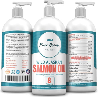 Wild Alaskan Salmon Oil for Dogs and Cats 8 Ounce; Natural Supplement with Omega 3's to Support Joint, Heart, and Immune Health; Promotes a Shiny Soft Coat and Healthy Skin