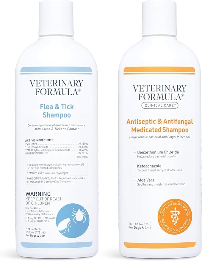 Veterinary Formula Flea and Tick Shampoo for Dogs and Cats & Clinical Care Antiseptic and Antifungal Medicated Shampoo for Dogs & Cats