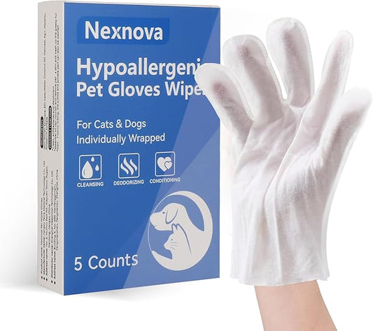 Nexnova™ glove wet wipes for pets dogs and cats, 5 pcs, Cleaning Deodorizing Bathing Hypoallergenic Grooming Unscented