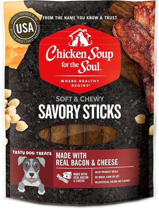 Chicken Soup for the Soul Pet Food Savory Sticks Dog Treats, Bacon & Cheese, 5 Ounce Bag, Soy, Corn & Wheat Free, No Artificial Flavors or Preservatives