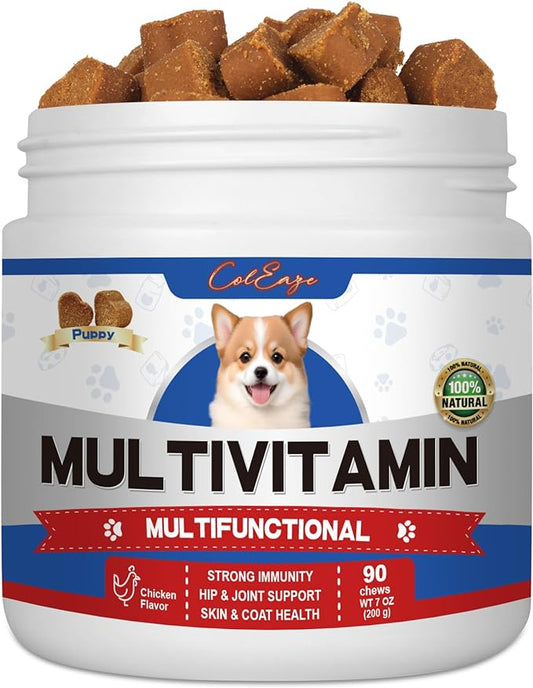 Multivitamin Dog Supplement with Glucosamine, Probiotics, Fish Oil - Promotes Healthy Skin and Coat, Supports Joint Health, Allergy Relief and Digestive Function (Chicken Flavor 90 Ct)