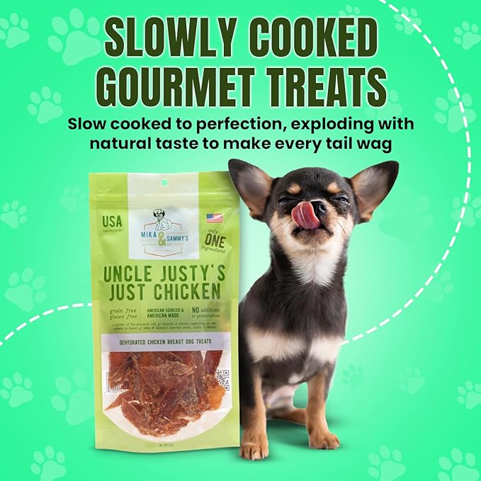 Gourmet Jerky Dog Treats - Natural Dog Treat Chicken Jerky for Dogs, Nutritious and Tasty Dog Jerky Treats Made in USA only, Cage-Free Chicken, No Additives (Mika & Sammy's Uncle Justy's 12 oz)