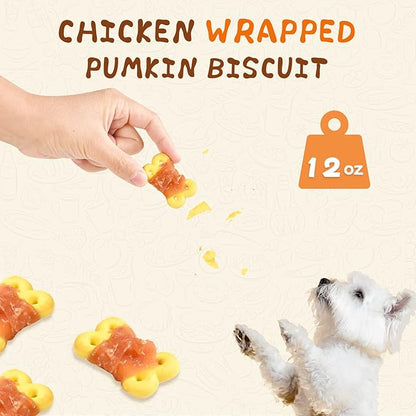 Dog Treats Chicken Wrapped Pumpkin Biscuits, Grain Rawhide and Gluten Free, w/Taurine Low Fat Healthy Chewy Training Treats,12.5 oz