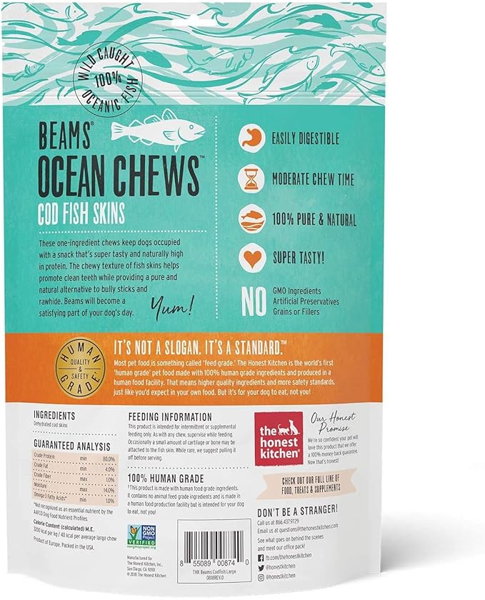 The Honest Kitchen (3 Pack) Cod Ocean Chews Grain Free Dog Chew Treats – Natural Human Grade Dehydrated Fish Skins (5.5 oz Each) with 10ct Pet Faves Wipes