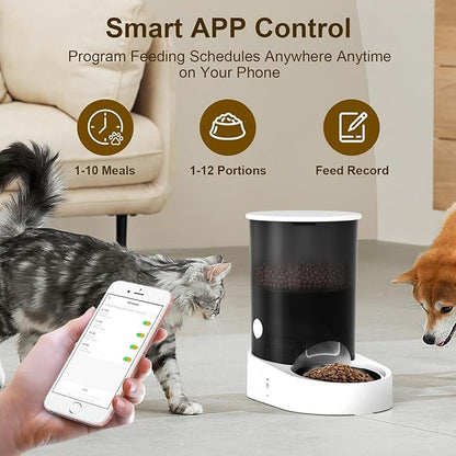 Automatic Cat Feeder, 2.4/5GHz WiFi Automatic Dog Feeder Rechargeable Battery-Operated, APP Control Smart 4L Cat Food Dispenser with 1-10 Meals for Cats and Dogs, Dual Power and Support Alexa